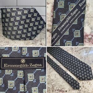 ERMENEGILDO ZEGNA $220 Mens Brown Yellow Gray Print Silk Necktie Tie EUC